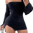 SHENHE Women's Off Shoulder Side Slit Long Sleeve Bodycon Sexy Mini Dress Club Night Dress (Black, M)