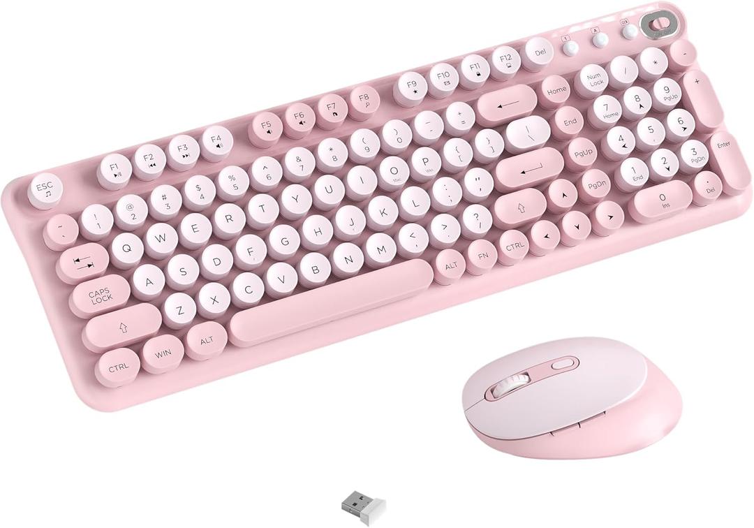 Wireless Keyboard and Mouse Combo, 2.4GHz USB Receiver, Plug and Play, Retro Full Size Typewriter Keyboard and Wireless Mouse for Computer, Laptop, Windows, Mac, and PC (Pink)