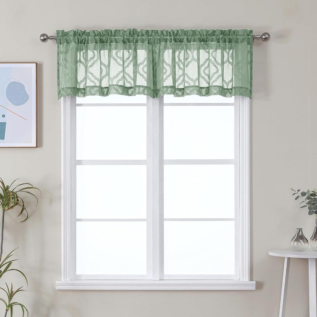Lecloud Wasa Sage Green Sheer Valance for Windows 14 Inch 2 Panels, Short Curtains for Small Windows, Voile Jacquard Textured Kitchen Cafe Valance, Bedroom Living Room Decor Curtains, 42 W x 14 L