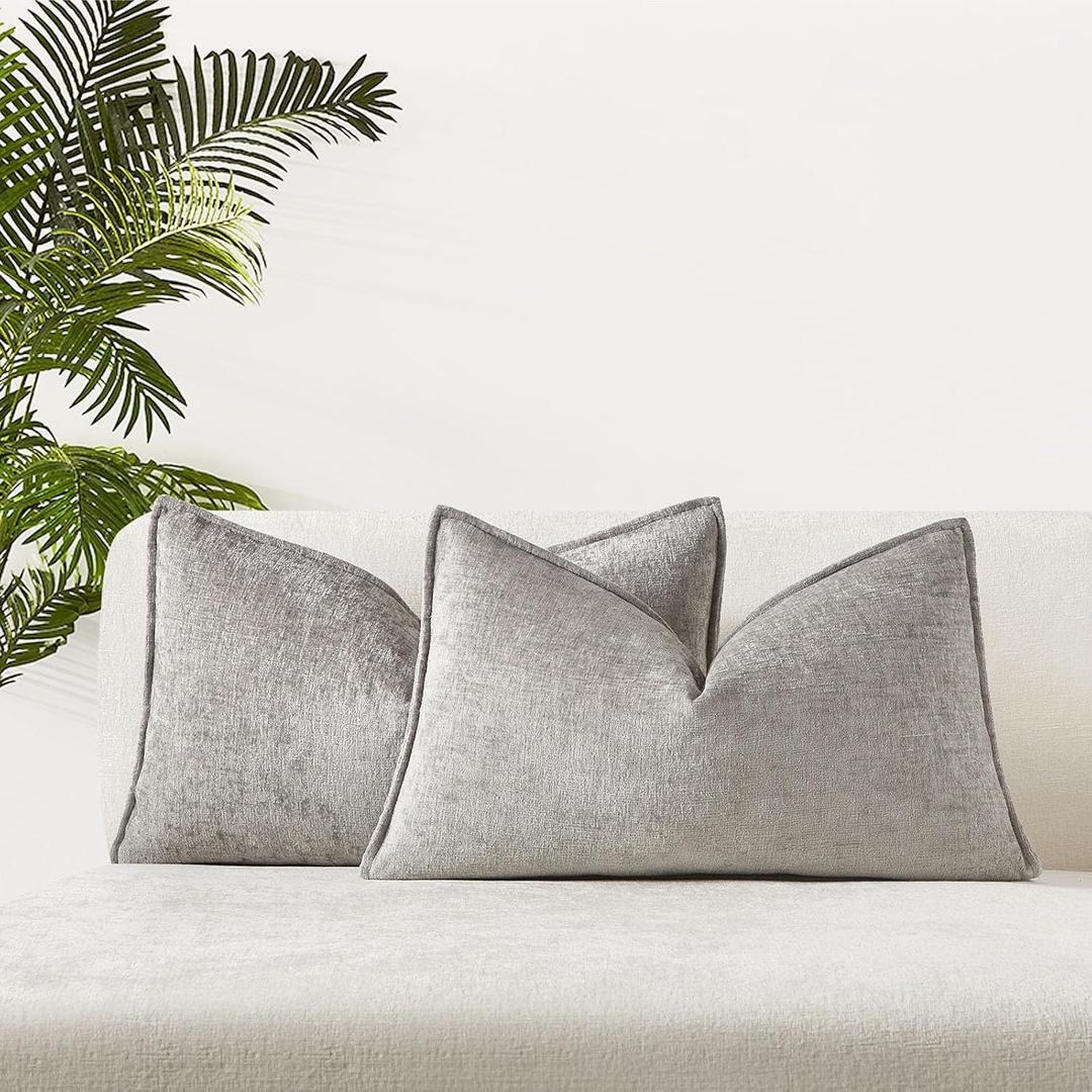 JUSPURBET 12x20 Throw Pillow Covers Set of 2 Decorative Pillow Covers for Couch Sofa Bed Cozy Chenille Lumbar Cushion Covers Cases with Invisible Zipper for Living Room Home Decor,Grey