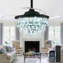 36 inch Dimmable Chandelier Ceiling Fans with Lights Retractable Cyrstal Fandelier Ceiling Fan with Light and Remote for Bedroom Living Room Dining Room (Black, 6 Speeds,DC Motor)