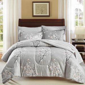 AIKASY Bed in a Bag 7 Pieces Queen Size - Floral Print - Soft Microfiber, Reversible Bed Comforter Set (1 Comforter, 2 Pillow Shams, 1 Flat Sheet, 1 Fitted Sheet, 2 Pillowcases)Grey, Queen