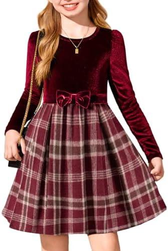 Arshiner Girls Dresses Long Sleeve Velvet Plaid Patchwork Holiday Party Dress with Pockets 120