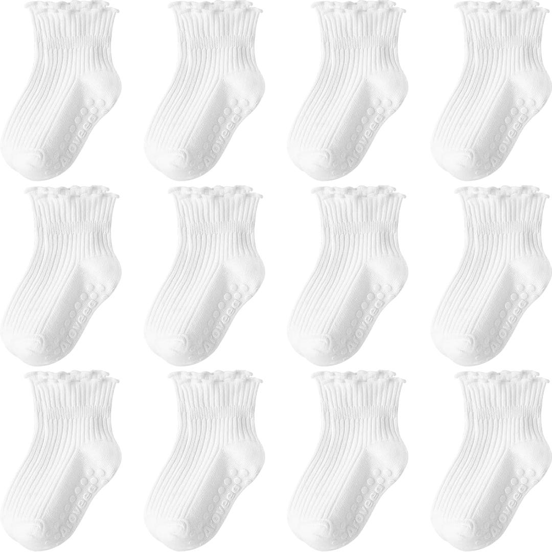 Baby Toddler Girls Socks Grip Ruffle Non Slip Girls Cotton 12 Pack Socks for Kids Cute Ankle 6M-7Years (Frilly White)