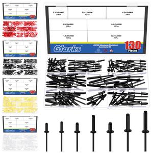 Glarks 130pcs 7 Sizes Red Aluminum Blind Rivets, Aluminum Grip Steel Mandrel Pop Rivet, Pop Rivets Assortment Kit, Large Flange Rivets for Metal, Furniture, Automotive
