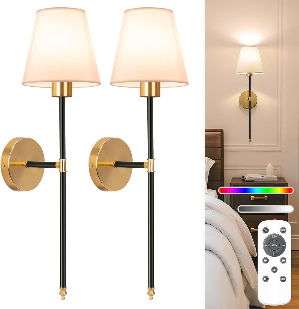 NIORSUN Battery Operated Wall Sconce Set of 2, Black-Gold Rechargeable Wall Lights with 5200mAh Dimmable Bulbs and Remote,10 Colors Wireless Wall Lamps for Bedroom Living Room Hallway Decor
