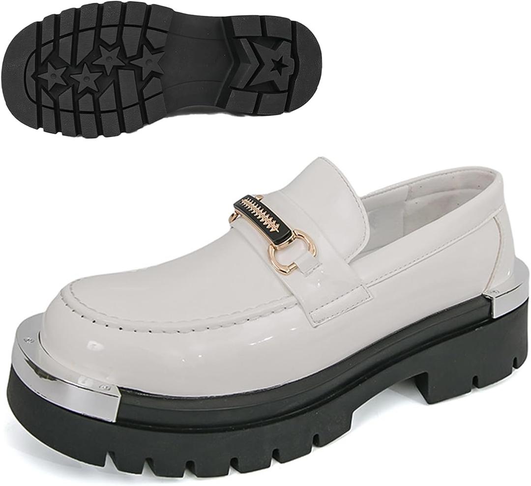 Men's Patent Leather Metal Decoration Chunky Platform Penny Loafers Luxury Round Toe Slip-On Lug Sole Dress Shoes Daily Non-Slip Shock Absorbing Outdoor Work Shoe (Size 11, White)