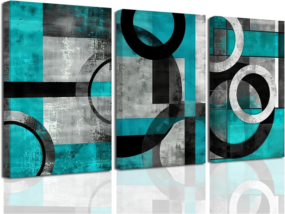 SWQYLB Teal Abstract Wall Art Blue and Gray Canvas Print 3 Pieces Abstract Geometric Circle Black Gray Painting for Home Office Decor Framed (Teal, 16.00" x 24.00" x 3PCS)