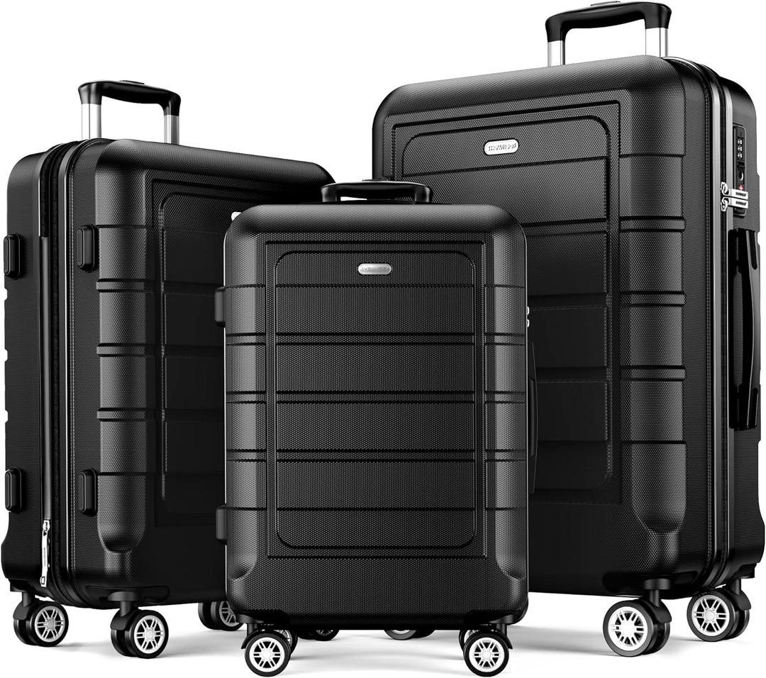 SHOWKOO Luggage Sets Expandable PC+ABS Durable Suitcase Double Wheels TSA Lock Black (20in/24in/28in)