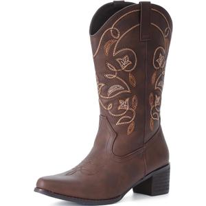 IXU Cowboy Boots For Women Wide Calf Pointy Toe Cowgirl Boots Mid Calf Western Boots (Brown), Size: 10