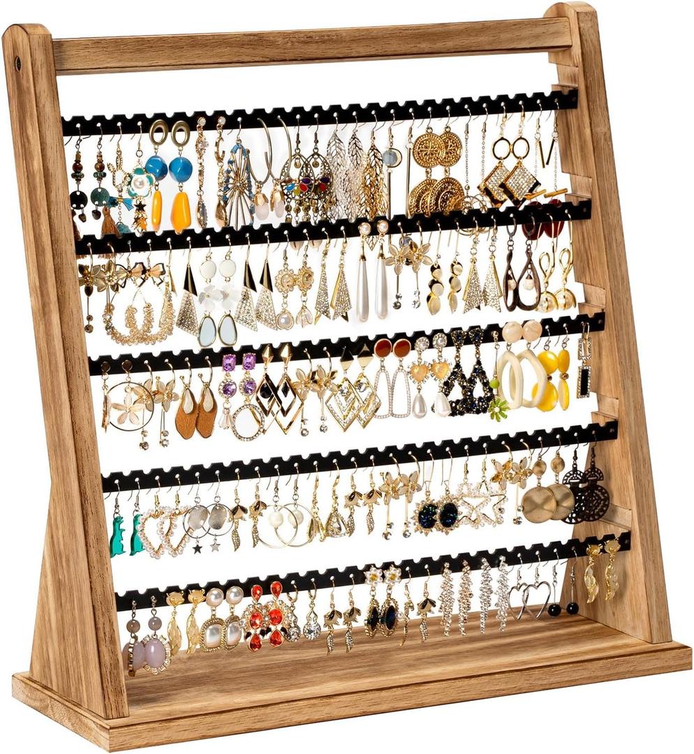 Earring Holder Organizer, Rustic Wood Earring Holder Stand, 5 Layer Jewelry Holder Organizer with 270 Earring Tree Holes Display Rack for Stud Earings & Hoop Earrings, Gifts for Women (Carbonized Brown)