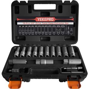 16pcs 3/8" Deep Well Bolt Extractor Set, Spark Plug Removal Extraction Socket Tool, Extractor Set for Damaged, Frozen, Rusted, Rounded-Off Bolts, Studs, Nuts & Screws, Cr-Mo Steel