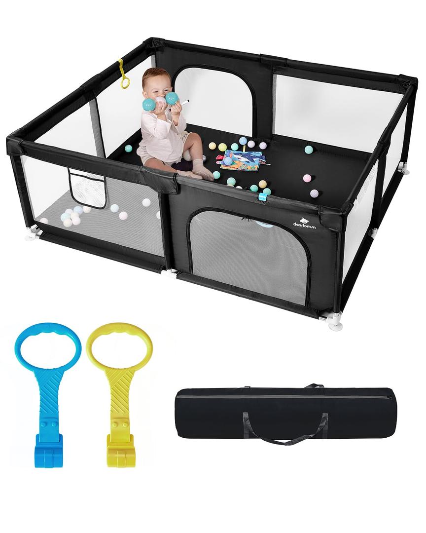 [Upgraded] dearlomum Baby Playpen, 71"x59" Extra Large Playard with Thickened Steel Pipes, Baby Activity Center with Gate & Toys, Sturdy Soft Mesh Safety Fence for Toddlers (Black)