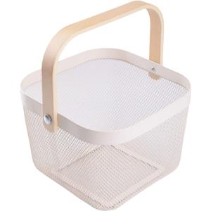 Square Metal Wire Woven Fruit Storage Bowl Basket with Wooden Handle, Large Black Mesh Fruit Stand, Multi-function Hanging Kitchen Baskets (White, Normal)