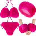 Ramede 4 Pcs Women's Faux Fur Bikini Bra Top Fur Headband Wrist Cuffs Bikini Panties Set Furry Suits for Women Swimsuits, One Size