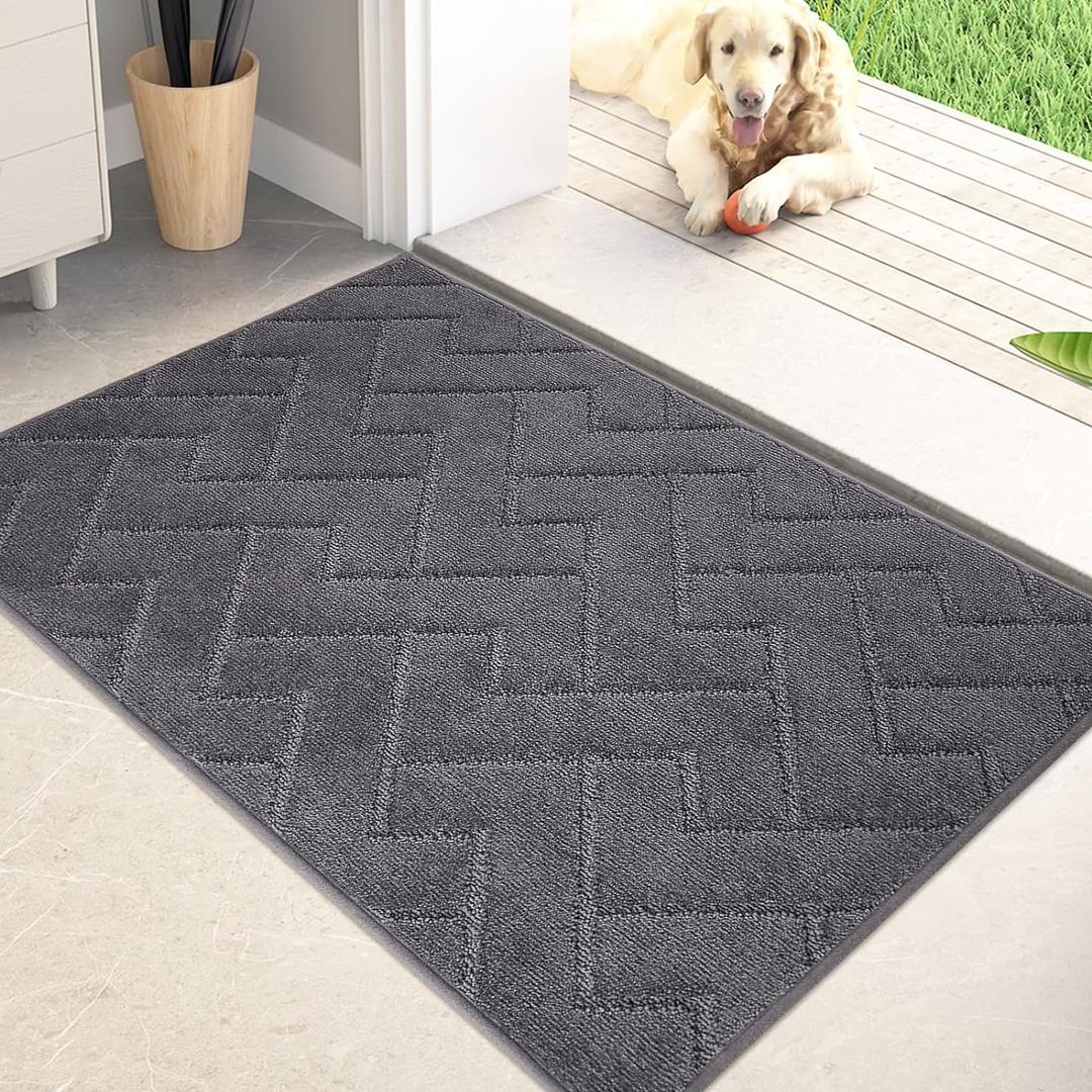 PURRUGS Dirt Trapper Door Mat 24" x 35.5", Non-Slip Machine Washable Entry Rug, Shoe Scraper, Dog Doormat, Super Absorbent Welcome Mat for Front & Back Door, Muddy Wet Shoes & Paws (Grey)