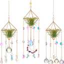 Yookeer 3 Pcs Hanging Air Plant Holder Rustic Style Air Plant Rack Hanger with Crystal Pendant and Chain Golden Geometric Metal Wall Window Display for Home Festival Wedding Decor, 3 Styles