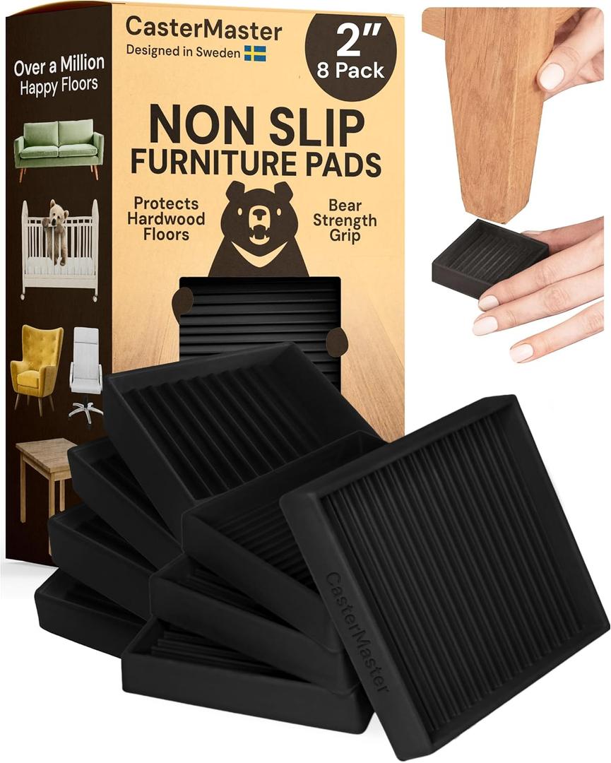CasterMaster Non-Slip Furniture Pads Square Rubber Anti-Skid Caster Cups, Anti-Sliding Floor Protectors for Furniture (Black, 2'' x 2'' (Pack of 8)
