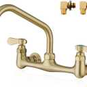 Wall Mount Kitchen Sink Faucet 8 Inch Center Wall Mounted Commercial Faucet with 8 Inches Swivel Spout 2 Handle for Utility Laundry Room Restaurant Sink (Gold)
