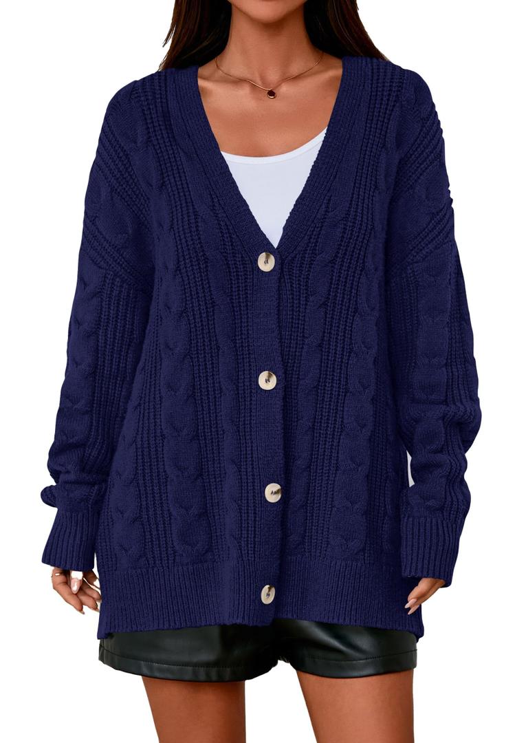 PRETTYGARDEN Womens Chunky Cardigan Sweaters 2025 Fall Oversized Cable Knit Long Sleeve Open Front Cardigans Winter Clothing (Navy Blue, Medium)