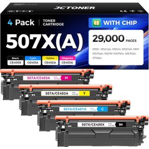 507X 507A Toner Cartridge Set 4-Pack High Yield Replacement for HP 507X 507A CE400X CE401A CE402A CE403A Compatible with HP Color LaserJet Enterprise 500 Color M551 M551dn M570dn M570dw M575fw Printer