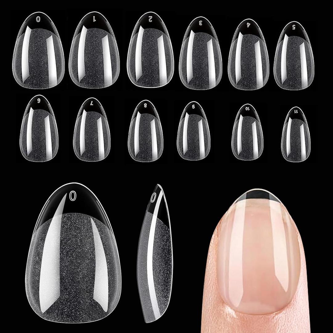 3 x Short Almond Nail Tips, 504Pcs Soft Gel Acrylic Nails, Half Matte Full Cover Clear Press on Short Almond for Nail Extension, Manicure, Home DIY, Salon, 12 Sizes, Pre-Etched Gel Fake Nails