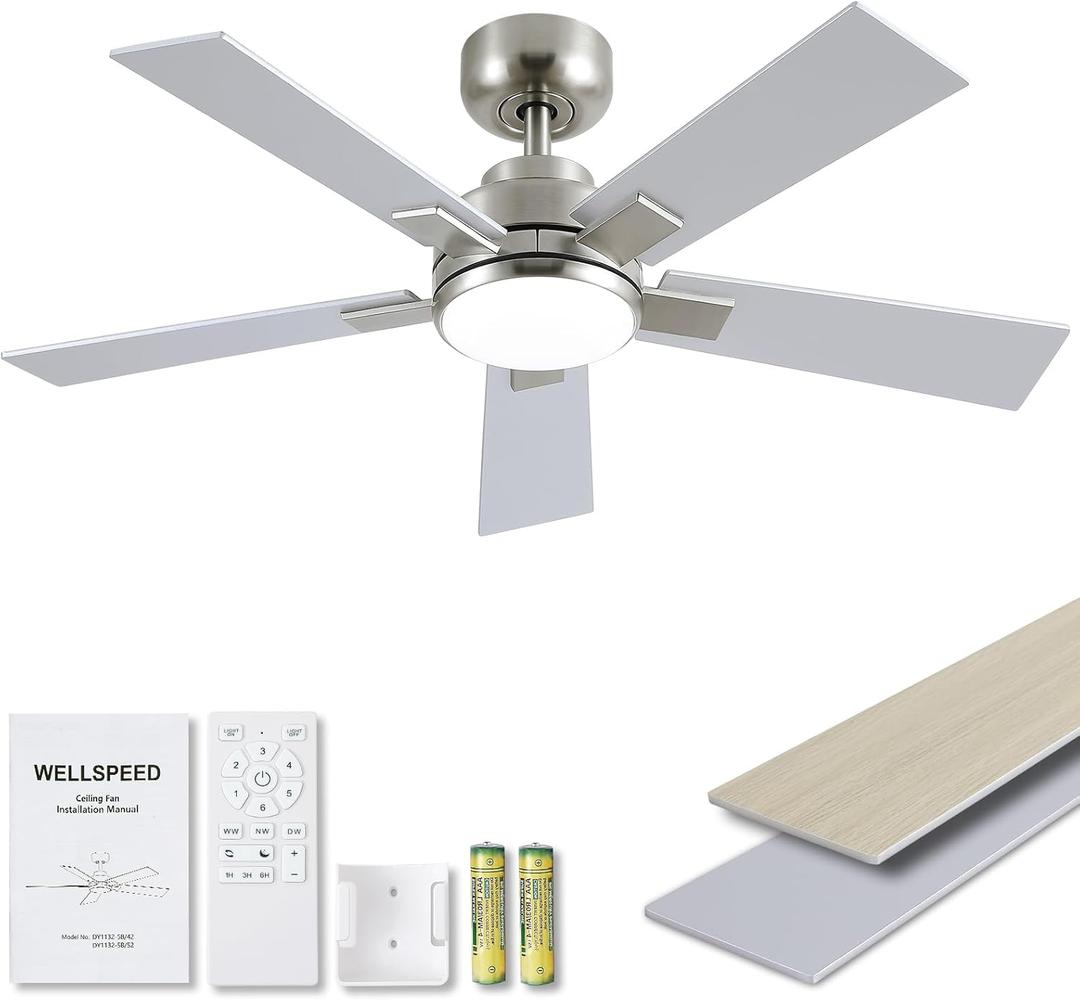 Modern Ceiling Fans with Lights - 42 inch Brushed Nickel Ceiling Fan with Light and Remote, Reversible DC Motor, 6-Speed Quiet 3CCT LED Dimmable for Bedroom, Indoor and Outdoor, Patios, ETL Listed