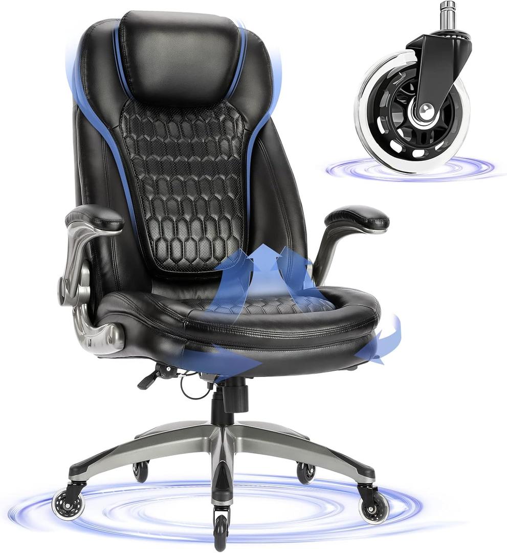 Executive Office Chair-Ergonomic Computer Desk Chair, High Back Leather Chair with Padded Flip-up Arms, Swivel Home Office Chair Upgraded Caster-Black (1PC)