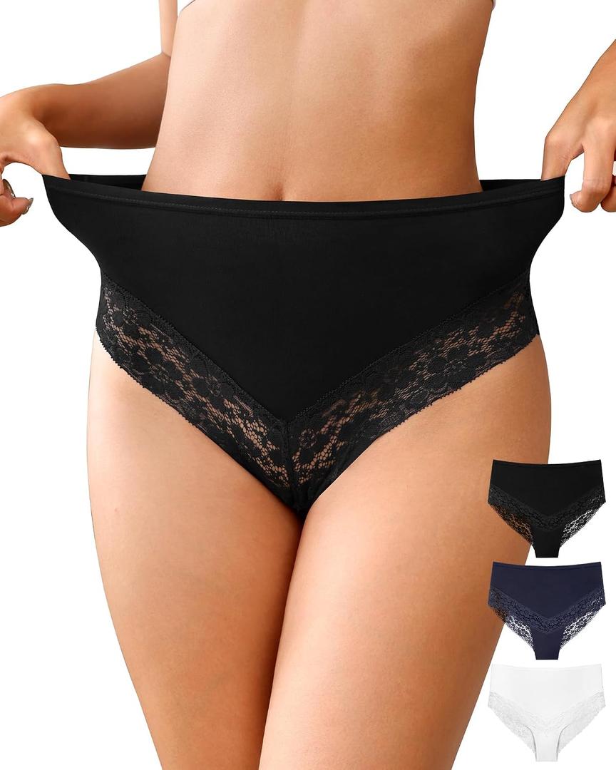 OLIKEME Womens High Waisted Underwear Cotton Bikini Panties Sexy Lace Hispter No Show Soft Stretch Cheeky Panties 3 Pack, XL
