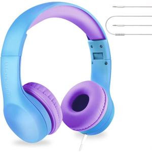 LilGadgets Connect+ Foldable Headphones, Adjustable Fit Soft Touch Padding for Kids with Mic, Volume-Limited & Noise Reduction On-Ear Wired Headset for School with SharePort - Blue/Purple, Ages 3-14