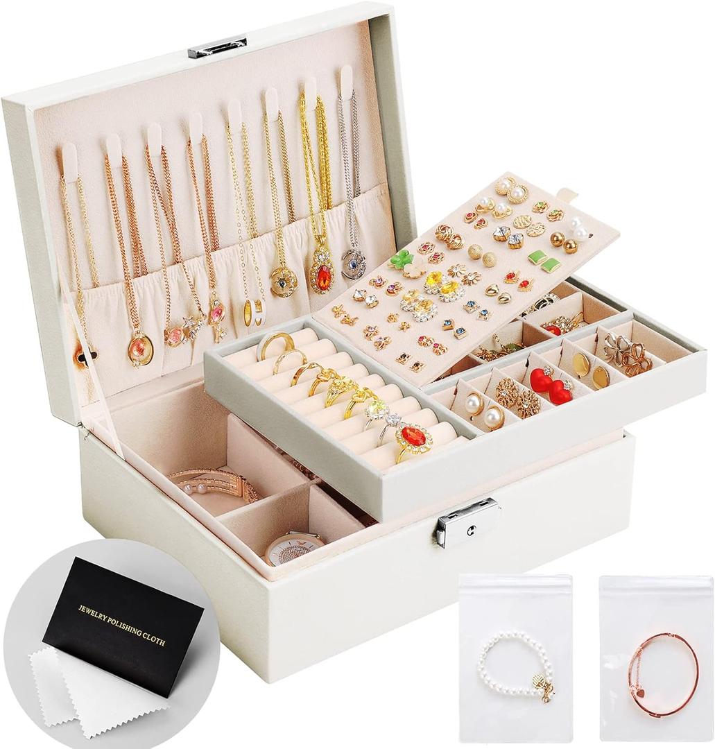 Jewelry Box Organizer for Women Girls 2 Layer Leather Travel Jewelry Storage Case with Lock and Removable Tray for Necklace Earrings Rings Bracelets Gift, Come with Polishing Cloth and Jewelry Bags (White)