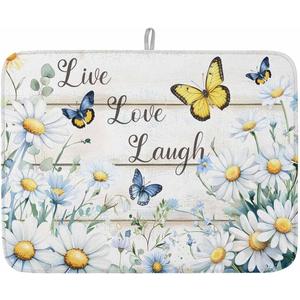 Dish Drying Mat for Kitchen, Pastoral Daisy and Butterfly White Wood Grain Absorbent Kitchen Counter Mat, Dish Drying Pad for Dishes, Utensils, Pots and Camping, 18"x24"(1 Panel)