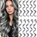 10 PCS Grey Hair Extensions, Curly Wavy Synthetic Hairpieces Clip in Rainbow Neon Party Highlights, Colorful Hair Accessories for Girls Women 17 inch (Grey)