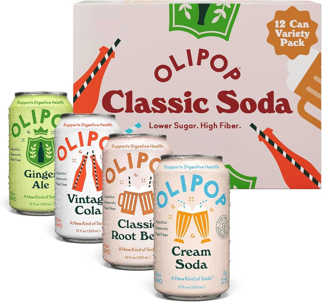 OLIPOP Prebiotic Soda Pop, Classic Soda Variety, Pantry Pack Packed with Prebiotics, Fiber, and Botanicals, Gluten Free, Vegan, GMO Free, 12oz (12-Cans)