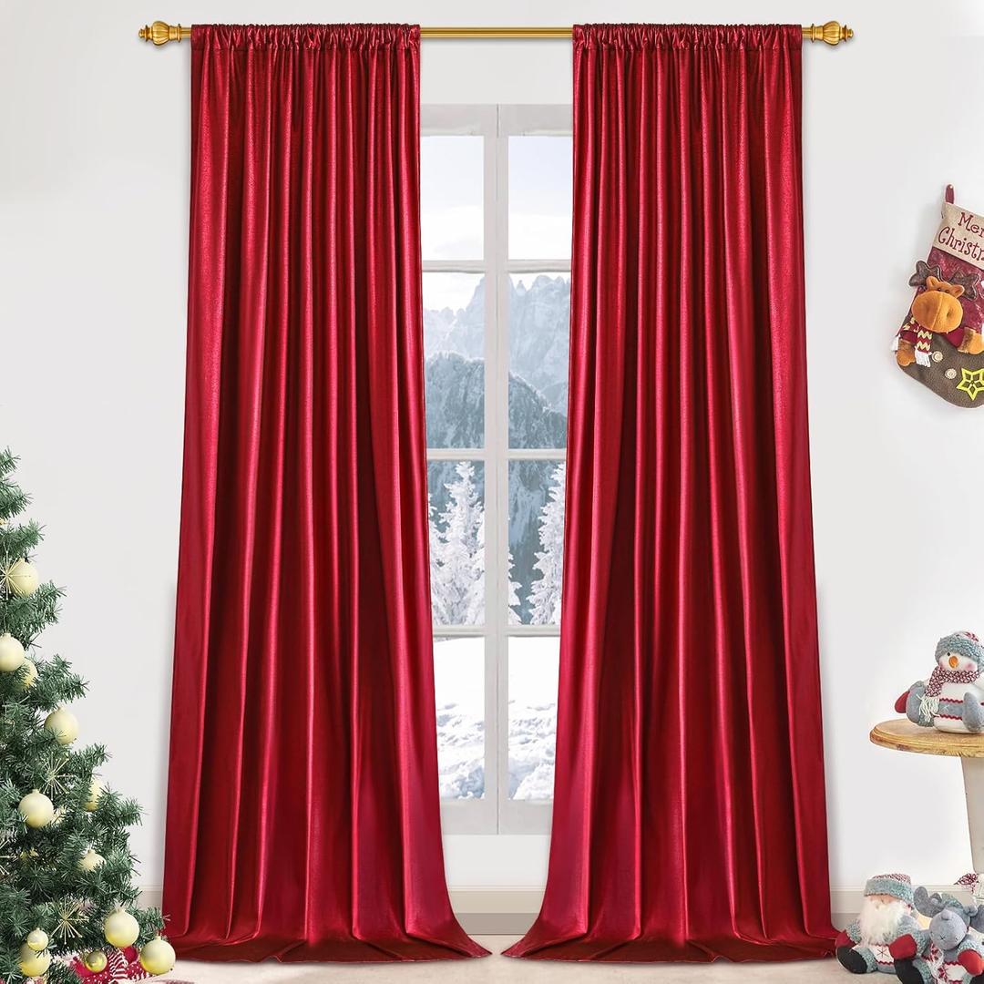 FRAMICS Red Shimmering Curtains for Living Room, Blackout Curtain 63 inch Long, Foil Print Drapes for Bedroom, Thermal Insulated Window Treatments Rod Pocket for Christmas Decor, 52x63 inch