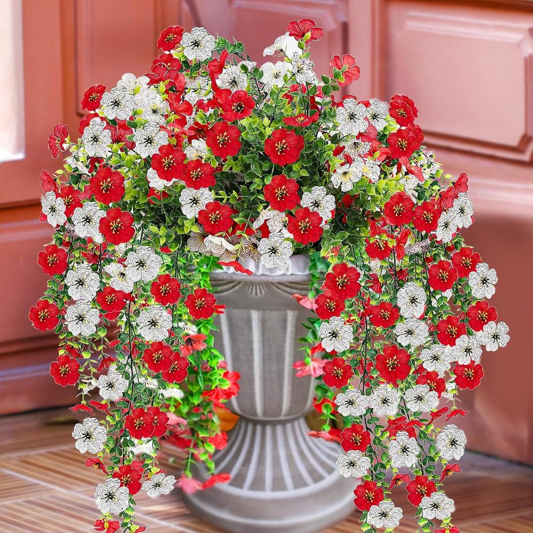 Artificial Flowers for Outdoors 6PCSAll Weather Fade Proof, UV Resistant Waterproof Realistic Faux Silk Mums Daisies Red & White for Hanging Planters Porch Patio Balcony Deck Fence Garden Decor