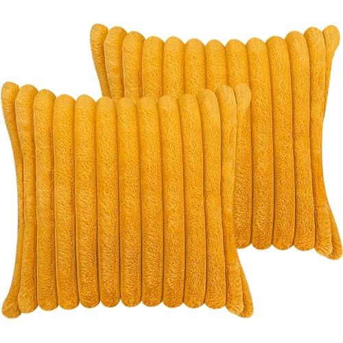 18x18 Throw Pillow Covers Set of 2, Decorative Faux Fur Covers for Bed, Couch Soft Fluffy Pillow Cover with Velvet Back for Living Room, Neutral Home Décor Accent for Sofa - Yolk Yellow