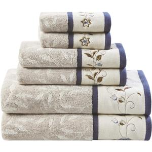 Madison Park Serene 100% Cotton Bath Towel Set Luxurious Floral Decorative Towels for Bathroom Embroidered Cotton Jacquard Design Soft Highly Absorbent for Shower 600 GSM, Multi-Sizes, Navy 6 Piece