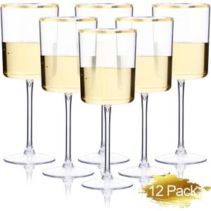 Ciaell 12 Pack Plastic Wine Glasses - 10 Oz Plastic Wine Glasses with Stem - Gold Rim Disposable Cups for Parties & Weddings & Poolside & Toasting & Outdoors
