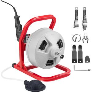 VEVOR Drain Cleaner Machine 50 FT x 5/16 Inch, Sewer Snake Auger with 228RPM Electric Drill, Manual Feed Drain Cleaning Machine with 6 Cutters & Air-activated Foot Switch for 2" to 4" Pipes