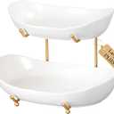 HBlife Fruit Bowl for Kitchen Counter - 2 Tier Fruit Basket with Metal Stand, Ceramic Fruit Holder, Tiered Fruit Platter Serving Trays for Party(Large Size) (White Bowl Gold Rack)