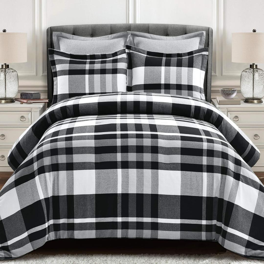 Lush Decor Gray and White Farmhouse Recycled Yarn-Dyed Cotton Plaid 5-Piece Comforter Set (King)
