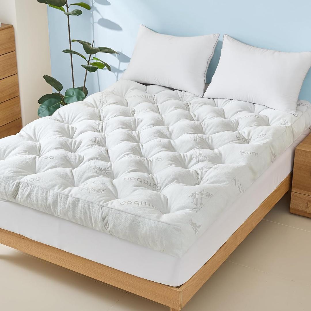5 Inch Queen Mattress Topper Viscose Derived from Bamboo, Extra Thick Pillow Top Mattress Pad Queen Size, Cooling for Hot Sleepers, Memory Foam Filling for Pain Relief, White
