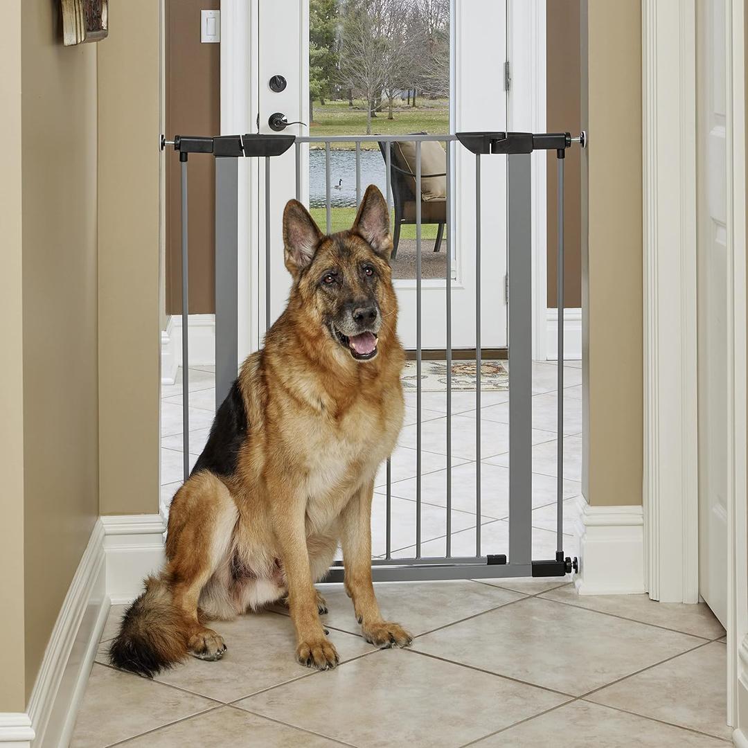 New World 39-Inch High Walk-Thru Pressure Mounted Gray Steel Dog Gate, Expands to 38 Inches Wide, No Damage to Walls, Includes 3-inch Extensions, for Small to Medium Pets