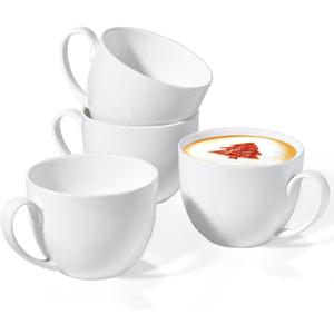 Chulan 22 oz Extra Large Bone China Cereal Mug Set of 4, Oversize White Ceramic Latte Mugs, Jumbo Soup Mugs Coffee Cups with Handles for Chocolate Cocoa Beverage Milk Salads Yogurt, Microwave Safe
