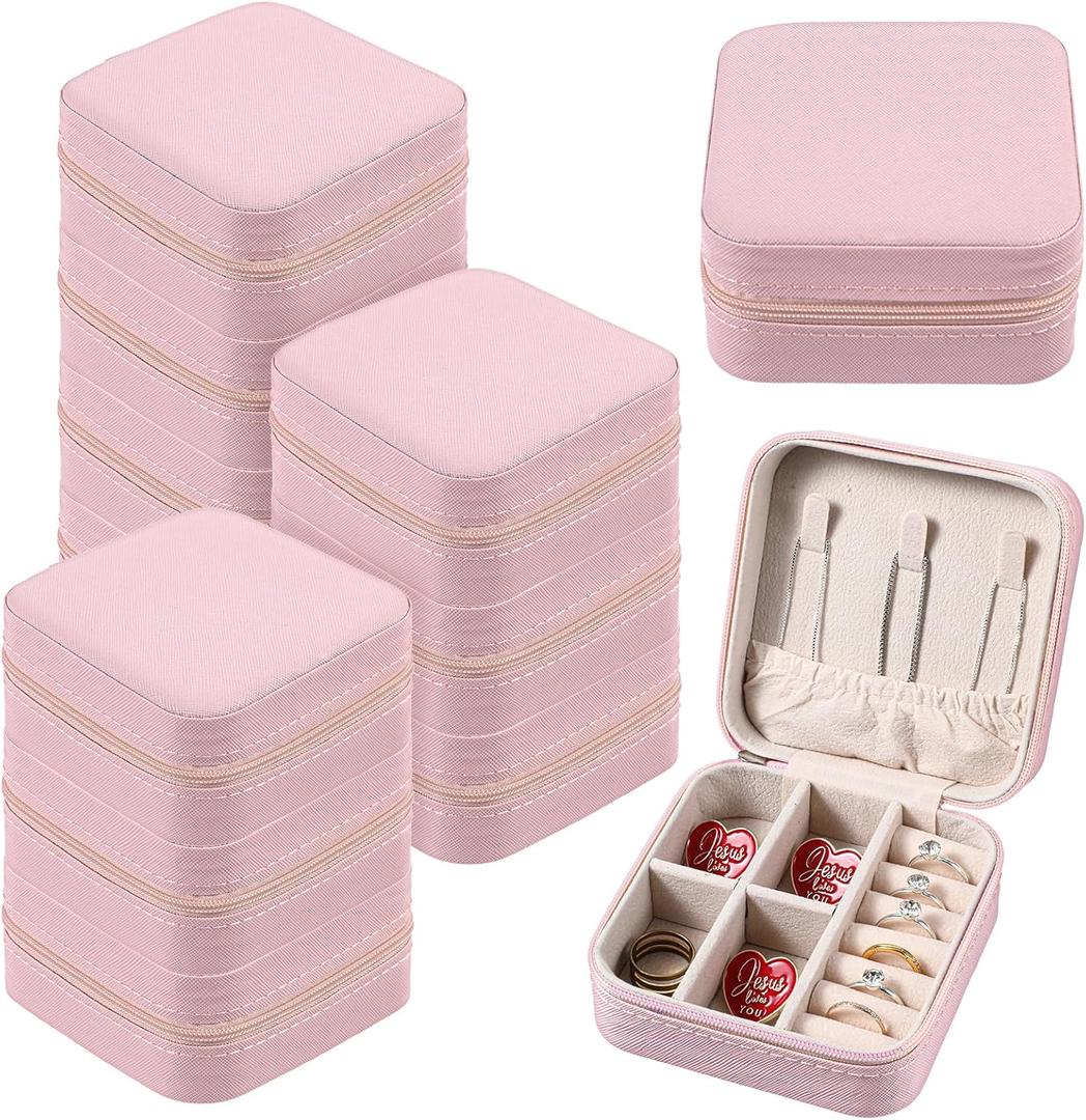 12 Pcs Mini Travel Jewelry Case Bridesmaid Proposal Gift Boxes, Small PU Leather Earring Organizer, Bulk Travel Accessories Portable Jewelry Holder (Pink)