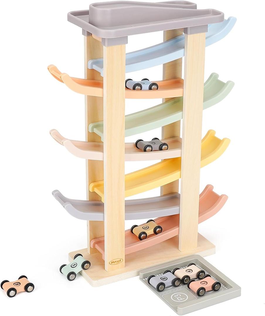 Joyreal Montessori Toddler Toys for 1 2 3 Year Old - 7 Level Wooden Car Ramp Racer Toys with 8 Mini Cars & 2 Garages - Christmas Birthday Gifts for 2 Year Old Boys and Girls