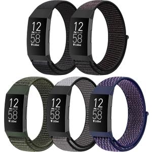 Nylon Watch Bands Compatible with Fitbit Charge 4/Charge 3/SE, Soft Replacement Wristband Breathable Sport Strap with Band for Women Men (Dark Black+Official Black+Navy Green+Iron Grey+Indigo)