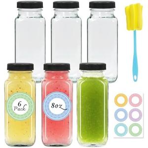 NEWMIAO 3 pack 8 oz Glass Juice Bottles with Lids, 250 ml Reusable Glass Water Bottles, Empty Drink Containers Drinking Jars with Brush, for Milk, Juicing, Kombucha, Ginger