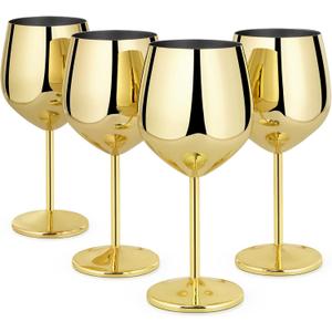 Lifecapido Stainless Steel Wine Glasses Set of 4, 18oz Stainless Steel Wine Goblets, Stemmed Metal Wine Glasses with Cup Brush for Party Office Wedding Anniversary, Great for Red White Wine (Gold)
